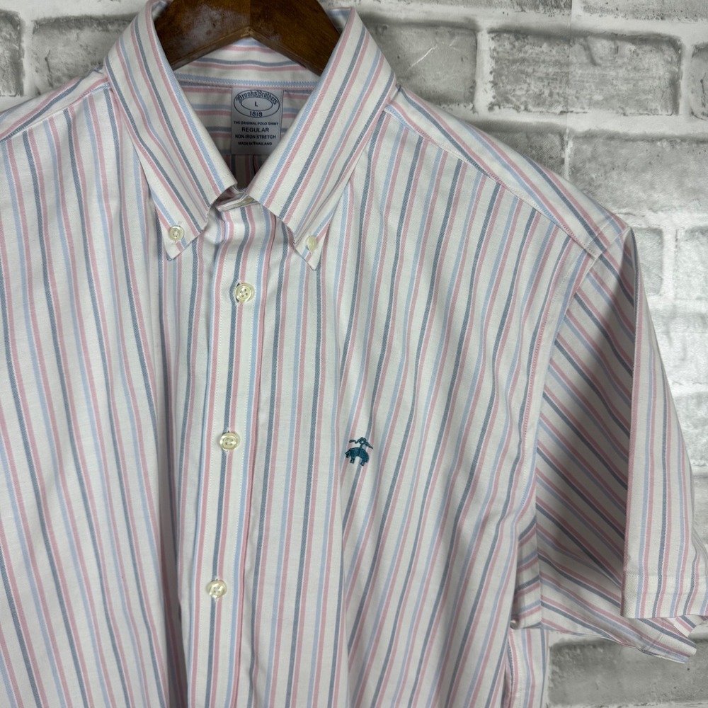 Brooks Brothers Mens LARGE Regular Non-Iron Stretch Short Sleeve Striped Shirt